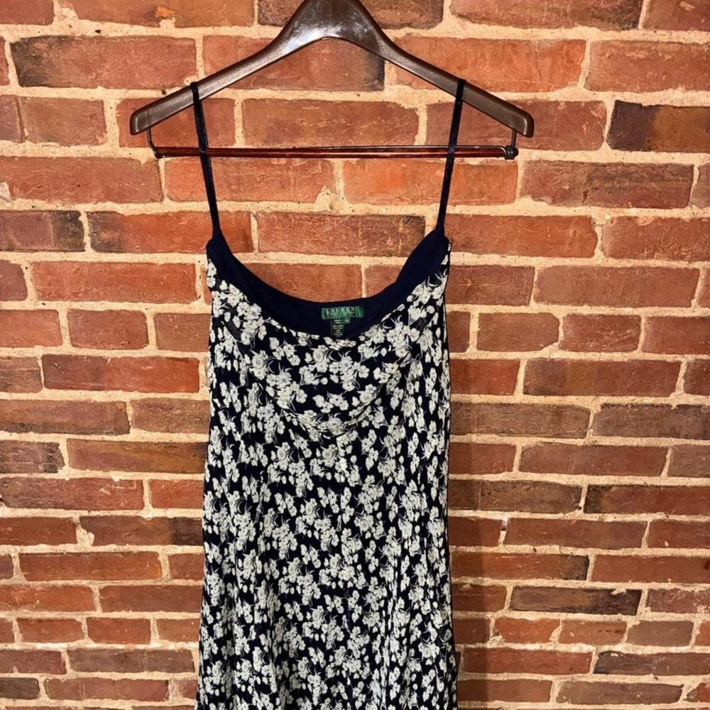 Ralph Lauren 100% Silk Mini‎ Dress Silk Floral Navy White